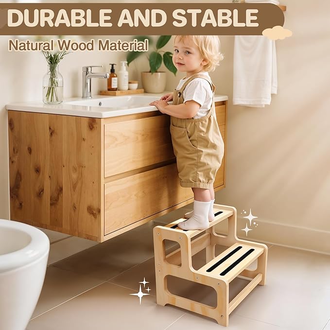 Toddler Step Stool, 2-Step Wooden Stool for Kids with Handles, Non-Slip Potty Training Seat for Bathroom Sink, Kitchen & Bedroom, Adjustable Height Child Step Stool for Ages 2+ (Natural Wood)