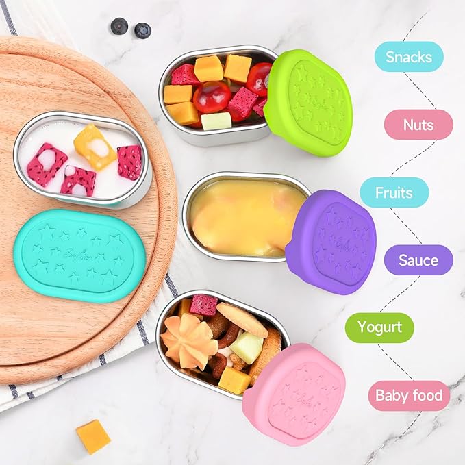 SOPHICO Stainless Steel Salad Dressing Condiment Containers with Leakproof Silicone Lids, 3 oz Mini Sauce Container and Portion Bento Box of Kids Lunch to Go for Snack, Dessert (MIX, 4 PACK)