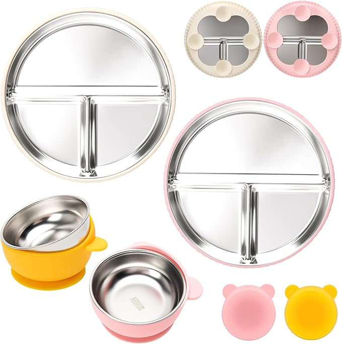 Stainless Steel Kids Plates and Bowls with Suction, Divided Baby Plate and Toddler Bowl with Removable Silicone Suction, Non-Slip Baby Feeding Set Dishwasher Safe, 4 Packs