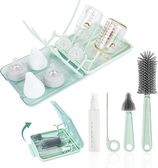 Baby Bottle Brush Set, 6-in-1 Travel Bottle Cleaning Kit with Silicone Bottle Brush, Nipple & Straw Brush, Soap Dispenser, Drying Rack, Storage Box – Compact Travel Baby Essential for Home & On-The-Go