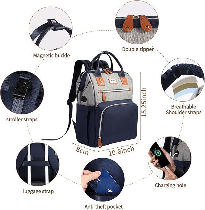 Diaper Bag Backpack: Tote Baby Bag for Boy and Girl, Large Mommy Bag Insulated Pockets Charger Holes for Men and Women, Nappy Bag for Baby Airplane Traveing Blue Grey