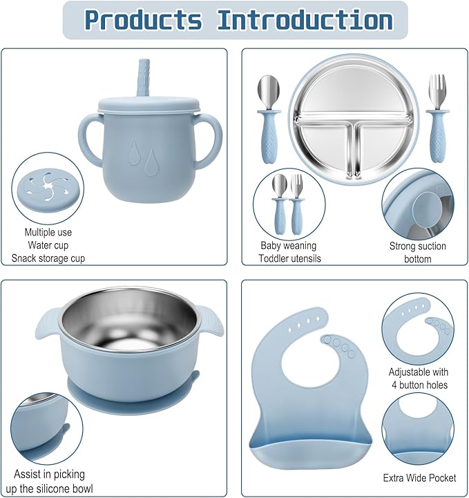 Stainless Steel Kids Plates and Bowls Set with Suction, Divided Baby Plate and Toddler Bowl with Removable Silicone Suction,Stainless Steel Weaning Bundle, Silicone Baby Feeding Set (Blue)
