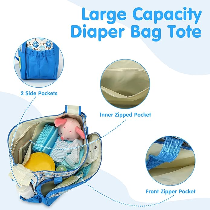 5PCS Diaper Bag Totes Set, Large Diaper Tote, Waterproof Maternity Bags, Cute Baby Diaper Organizer with Bottle & Food Bag