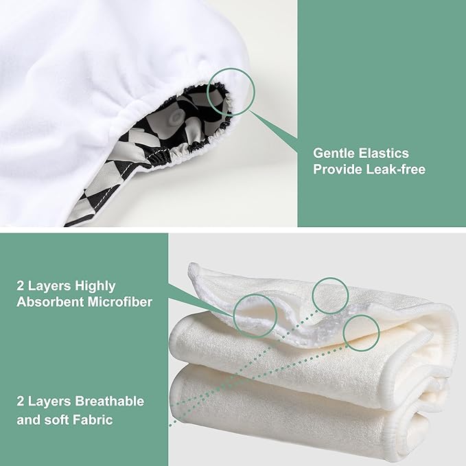 wegreeco Cloth Diapers 6 Pack with 6 Inserts & 1 Wet Bag, Washable Cloth Diapers for Babies, One Size Adjustable Reusable (Checkerboard)