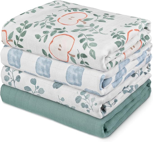Gllquen Baby Muslin Swaddle Blankets 4-Pack Breathable Receiving Blankets (35" x 40") Soft Baby Blankets for Girls and Boys Newborn Essentials Muslin Burp Cloths Swaddle Wrap Baby Gift(Apple Paradise)