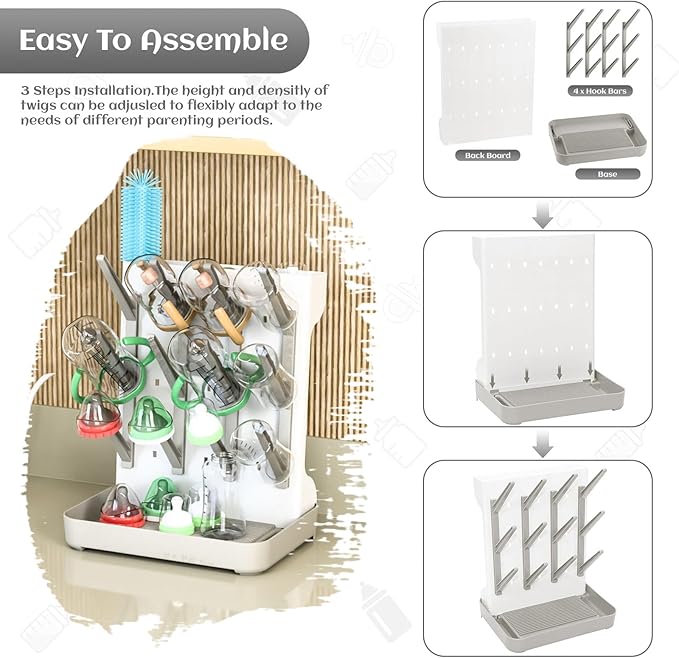 Baby Bottle Drying Rack - Vertical Space Saving Design with 12 Pegs, Holds Bottles, Pump Parts & Pacifiers, Dishwasher Safe & Quick Drain, Gray