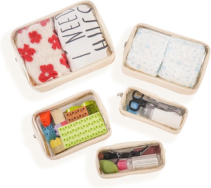 TSA Approved 5-Piece Diaper Bag Organizer Pouch Set Clear Waterproof TPU Kids Toiletry Storage Set Travel Packing Clutch Cube Bags for Baby Nursing