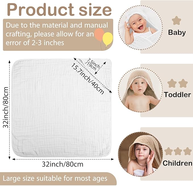 VitalCozy 6 Pcs Baby Muslin Hooded Bath Towels and Washcloths Muslin Cotton Hooded Baby Towels Absorbent Blankets for Gift Newborn Infant Shower (32 x 32 Inch,White,Beige)