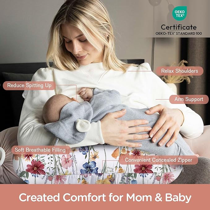 Little Grape Land Nursing Pillow for Infants, Breastfeeding Pillows, Baby Support Pillow for Nursing, Bottle Feeding, Tummy Time with Machine Washable Cover & Breathable Filling, Spring Flower