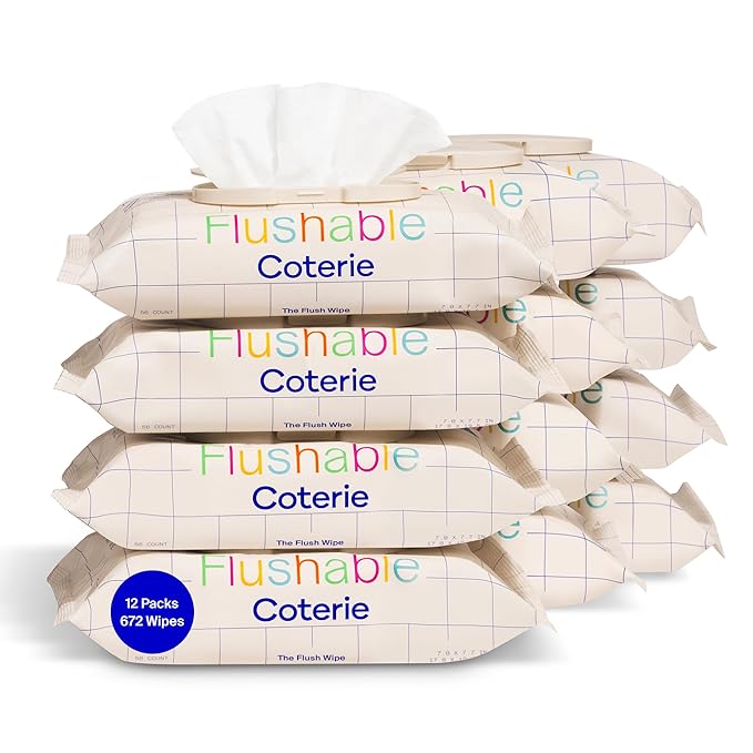 Coterie Flushable Wipes for Toddlers, Designed for Potty Training, Safe for Sensitive Skin, Hypoallergenic, 99% Water, Plant-Based, Fragrance Free, Sewer & Septic Safe, 12 Pack (448 Wipes)