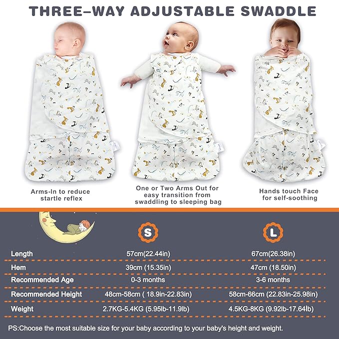 Swaddle-Blanket Baby Girl & Boy Swaddles Newborn Infant Transition 100% Cotton Wrap Blankets, 3-Way Adjustable Wearable Blanket, TOG 1.0 (Dinosaur, 3-6 Month)
