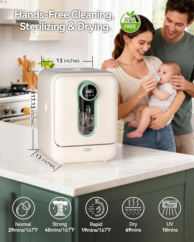 IAGREEA Baby Bottle Washer, Cleaning Machine with 4 Programs, Sterilization and Drying in One Step, 3.2L Water Tank, 360°Dual Spray, 72-hour Storage, Drawer Design, BPA-Free, One-Click Start