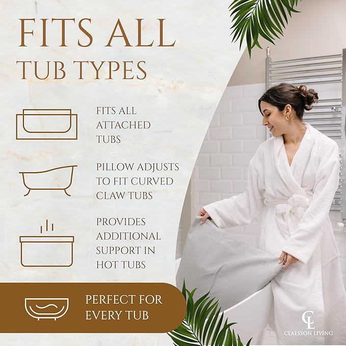 Luxury Bath Pillow for Tub - Thick and Comfortable Bathtub Pillow Support for Head and Neck and Back - Washable Quick-Drying Bath Pillows - Bath Cushion for Home Spa - Fits Any Bathtub - Light Gray