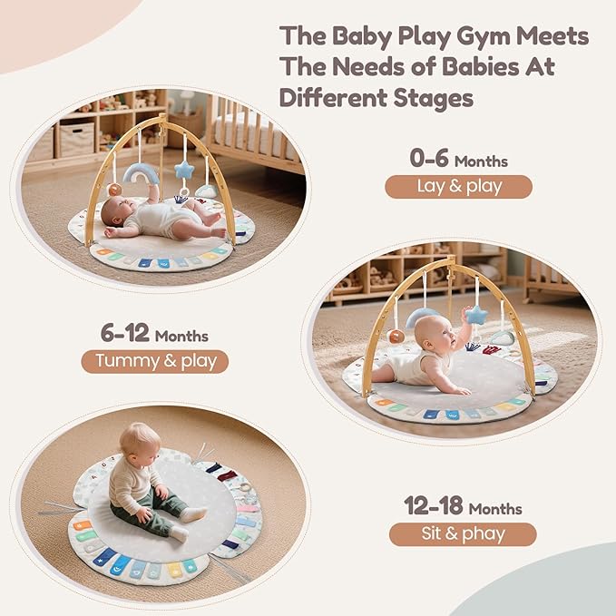 EXIN DECHEN Baby Play Gym & Activity Mat,Natural Organic Bamboo Frame with 4 Detachable Sensory Toys,Tummy Time Mat,Play Mat for Babies 0-6 Months,Newborn Play Mat,Baby Essentials Gifts
