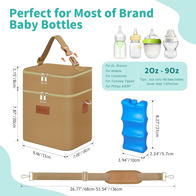 PIIOSER Breastmilk Cooler Travel Bag with Ice Pack, Insulated Bottle Bags Fits 6 Baby Bottles Up to 9 Ounce, Double Layer Waterproof Leak-Proof with Shoulder Strap for Nursing & Working Mom (Brown)