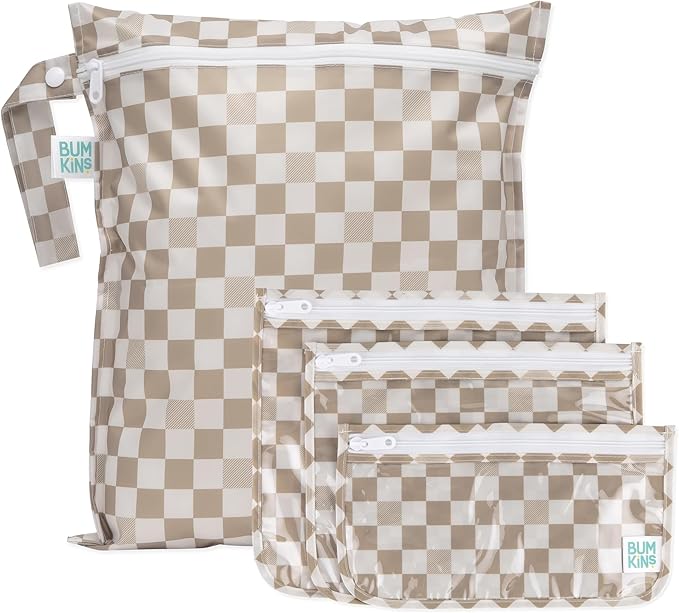 Bumkins - Waterproof Wet Bag & Clear Travel Bags - For Beach, Baby, Travel, Swim Suit, Cloth Diapers, Pump Parts, Pool, Gym, Toiletries - Reusable & Easy to Clean - Beige Check - 4 Pack