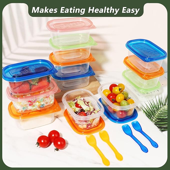 20pcs Snack Containers with Lids, 9.5 Oz Snack Containers for Kids & Adults, Bento Lunch Boxes with 10 Spoons, Lightweight and stackable, Microwave, refrigerator safe，BPA-free(4 Colors)