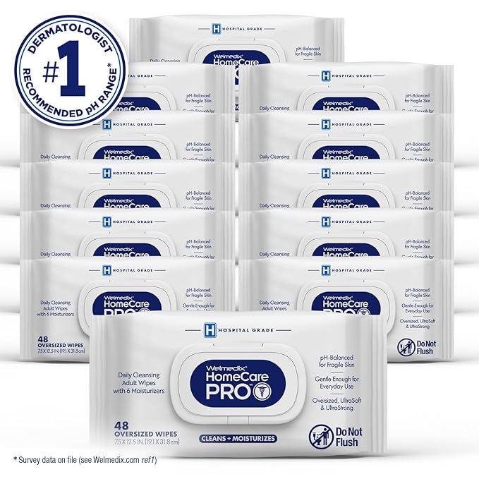 Homecare Pro Oversized Daily Cleansing Adult Wipes With 6 Moisturizers Wet Cleansing, Rinse Free, Bathing Wipes, Hospital Grade pH Balanced for Fragile Skin - | 48 Count XL |- 12 Pack
