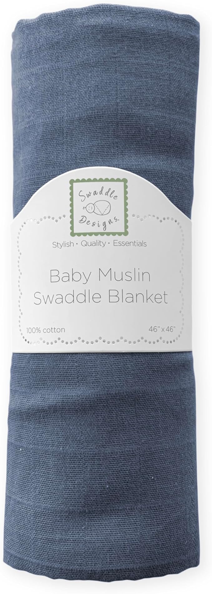 SwaddleDesigns Cotton Muslin Swaddle Blanket, Receiving Blanket for Baby Boys & Girls, Best Registry Gift, 46x46 inches, Denim