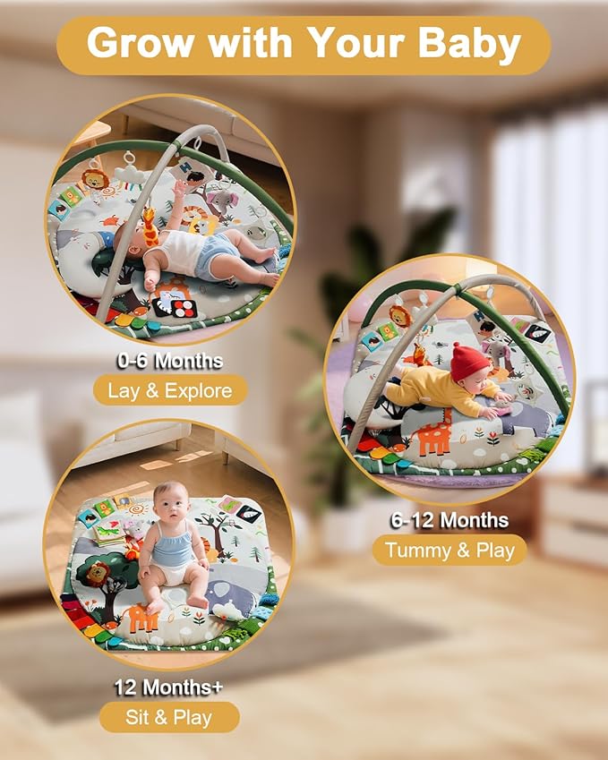 Baby Play Gym with 4 Developmental Zones – Tummy Time Mat & Activity Mat with 6 Sensory Toys, Visual Cards & Pillow – Baby Essentials & Ideal Gift for Newborns