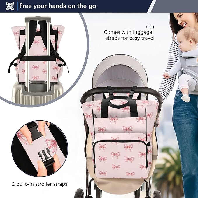 Emelivor Watercolor Bow Knot Pink Diaper Bag Backpack Large Capacity Travel Baby Bags Backpack Diaper Bags for Boy Girl Mama Travel Mom Dad