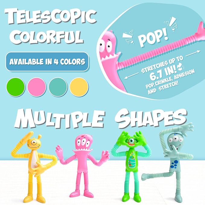 4Pcs Telescopic Suction Cup Monster Toys,Sensory Toys for Kids 3-5 5-7,Toddler Toy,Fidget Toy,Toddler Travel Essential for Airplane,Pop Tubes, Christmas Stocking for Kids Boys Girls M