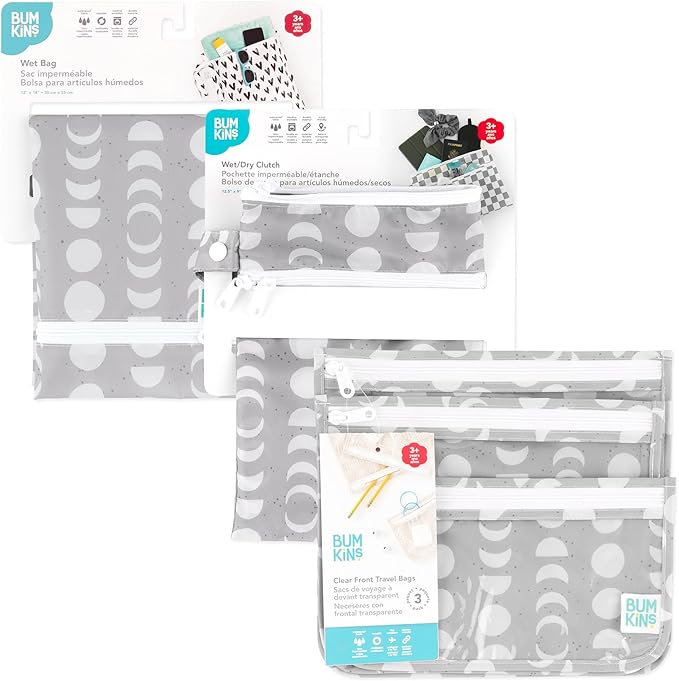 Bumkins - Waterproof Wet Bag, Wet/Dry Clutch & Clear Travel Bags - For Beach, Baby, Travel, Cloth Diapers, Pump Parts, Pool, Gym, Toiletries - Reusable & Easy to Clean - Lunar Gray - 5 Pack