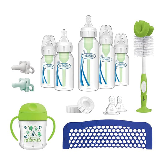 Dr. Brown's Natural Flow Anti-Colic Options+ First Year Feeding Set with Newborn Baby Bottles, Soft Spout Transition Cup, Bottle Cleaning Brush & 100% Silicone HappyPaci Pacifier, 0m+