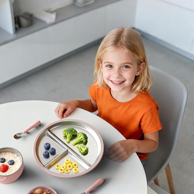 Stainless Steel Baby Plate with Suction, 9” Divided Toddler Plates with Removable Silicone Sleeves for Kids, Non-Toxic Non-Slip Unbreakable Dishwasher Safe Dinnerware Set of 2, Pink & Beige