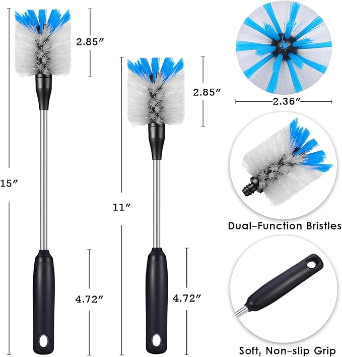 Stainless Steel Bottle Brush with Replaceable Head, 2 Pack Long Handle Scrubbing Brush for Water Bottles, Glasswares, Mugs, Flasks, Tumblers, Vases, and Kitchen Sink, 13 in