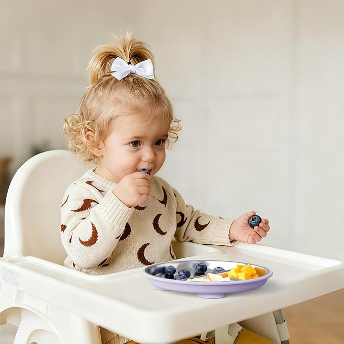 Stainless Steel Suction Plates for Toddlers, 8" Divided Kids Baby Plates with Removable Silicone Suction, Non Toxic Non Slip Portion Control Snack Dishes 3 Packs, Pink Lilac Sage