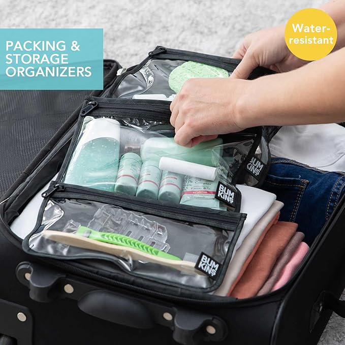 Bumkins - Waterproof Wet Bag, Wet/Dry Clutch & Clear Travel Bags - For Beach, Baby, Travel, Cloth Diapers, Pump Parts, Pool, Gym, Toiletries - Reusable & Easy to Clean - Black Check - 5 Pack