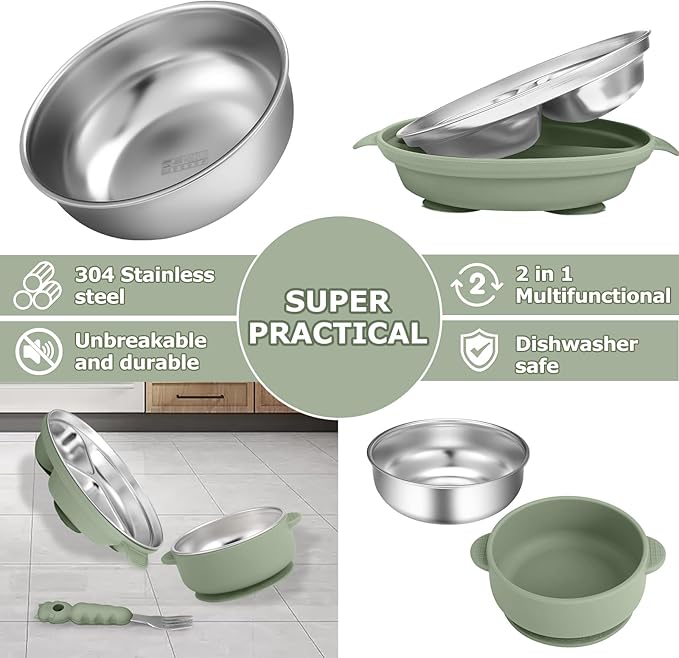 Stainless Steel Baby Plate and Bowl with Suction, Baby Bowl and Divided Kids Toddler Plate with Removable Silicone Shell, Non-Slip Toddler Baby Feeding Set, Forks + Spoons Included-Green