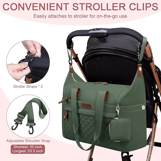 Diaper Bag Tote - Diaper Baby Bags with Pacifier Case, Shoulder Straps, Stroller Clips, Waterproof Large Mommy Maternity Travel Baby Bag for Mom and Dad, Green, Medium