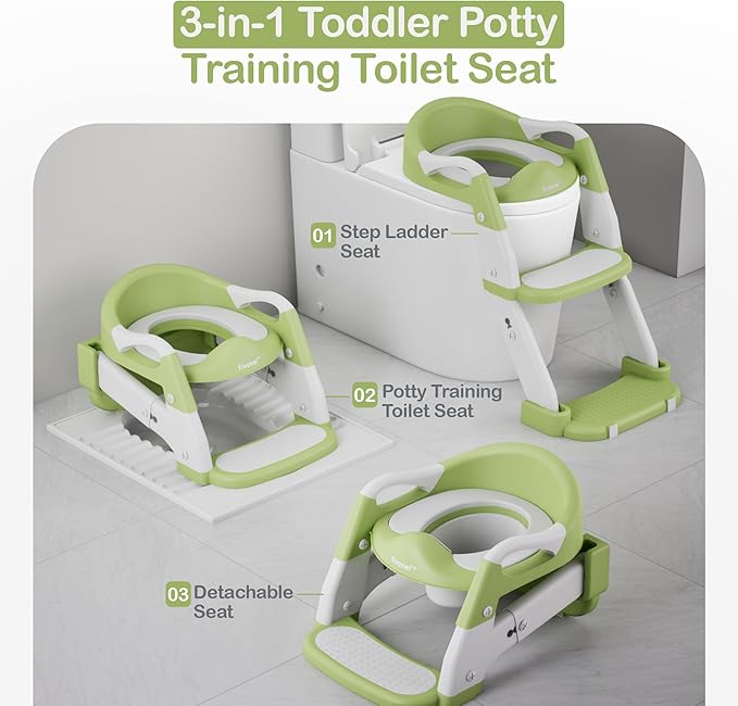 3-in-1 Toddler Potty Training Toilet Seat with Ladder | Foldable Toilet Potty Training Seat with Step Stool Ladder | 5-Level Adjustable Height | Soft Cushion, Splash Guard & Anti Slip Pad