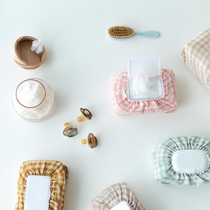 Baby Wipes Cover – Universal Size, One Size Fits All Wipes Packages | Muslin Cotton Tissue Cover for Nursery, Diaper Bag & Changing Table, Station | Gingham & Neutral Patterns (Beige Gingham)