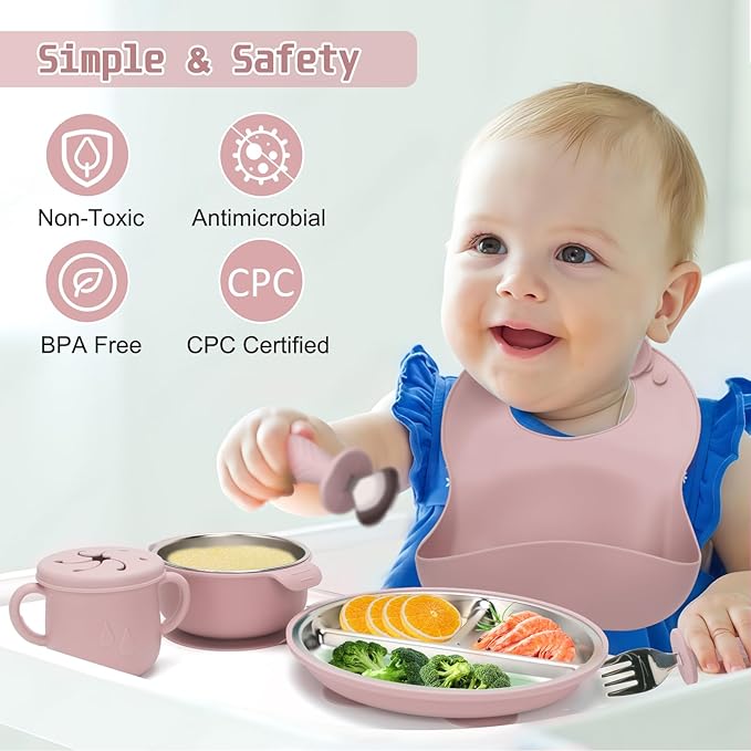 Stainless Steel Kids Plates and Bowls Set with Suction, Divided Baby Plate and Toddler Bowl with Removable Silicone Suction,Stainless Steel Weaning Bundle, Silicone Baby Feeding Set (Pink)