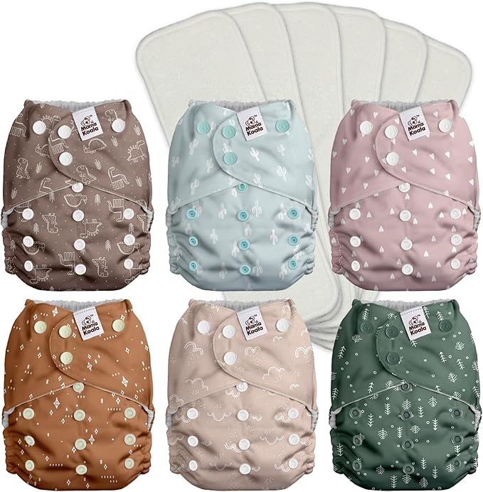 Mama Koala 3.0 Pocket Cloth Diapers for Babies with Suede Cloth Lining, 6 Pack with 6 4-Layer Natural Diaper Inserts - Reusable and Washable Pocket Diapers (Simply Neutral)