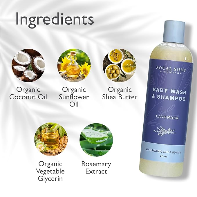 SoCal Suds & Company Baby Body Wash & Shampoo with Shea Moisture for Sensitive Skin, Bath & Hair Products for Toddlers & Babies, Natural Soap - 2 Pack Lavender 12oz Bottles