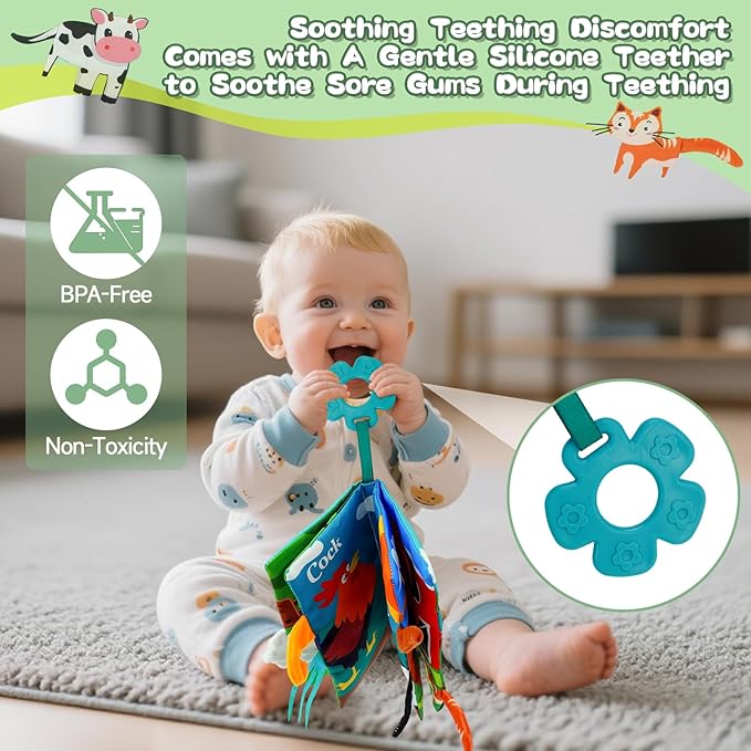 Baby Books Toys 0-12 Months with Teether,Tummy Time Crinkle Sensory Toys,High Contrast Touch & Feel Soft Book, Early Learning Infant Toys,Shower Gift for Boys Girls (Farm Animals)