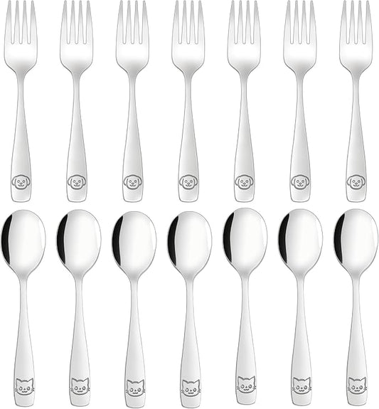 Stainless Steel Toddler Utensils Set - 14 Pcs Kids Silverware, Safe Food Grade, Mirror Polished, Dishwasher Safe, Perfect for Little Hands, Trendy & Durable. ﻿