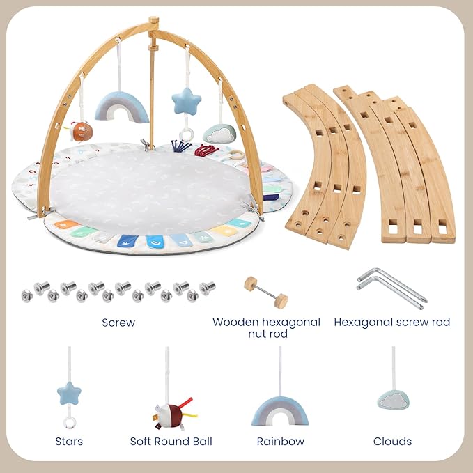 EXIN DECHEN Baby Play Gym & Activity Mat,Natural Organic Bamboo Frame with 4 Detachable Sensory Toys,Tummy Time Mat,Play Mat for Babies 0-6 Months,Newborn Play Mat,Baby Essentials Gifts