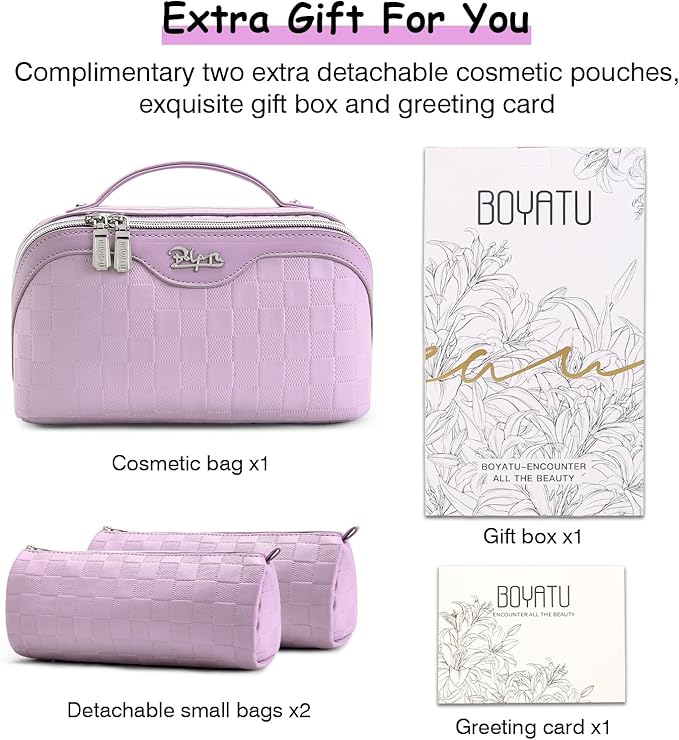 BOYATU Travel Makeup Bag Organizer Cosmetic Bag: 3 Pcs Set Make up Bags for Women with Handle - Waterproof Vegan Leather Toiletry Bags Travel Essentials Pouch with Compartments (G-14-Purple)