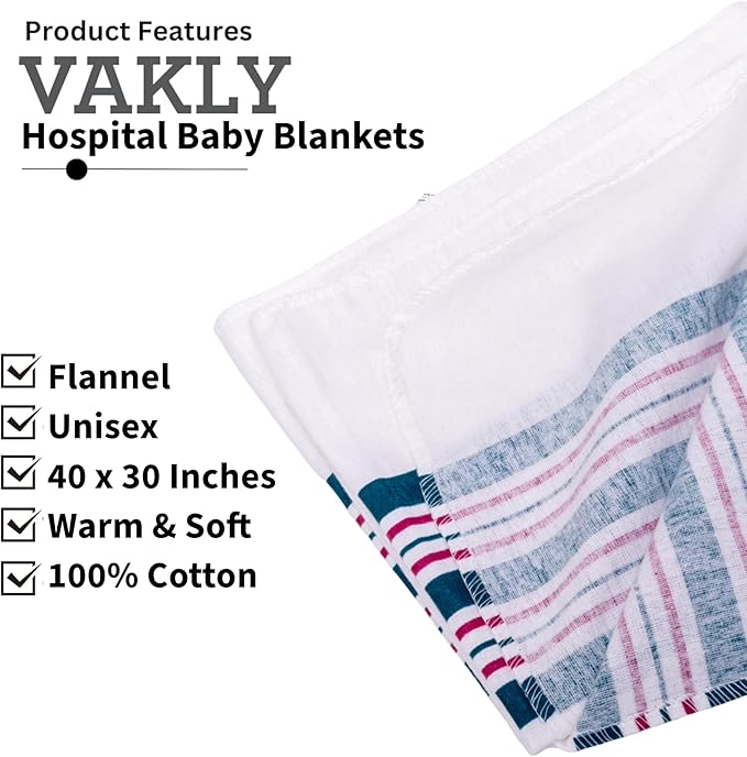 Vakly Hospital Receiving Baby Blankets [Pack of 3] Soft 100% Cotton Flannel Nursery Swaddle, 30''x40'' Cozy Unisex Wrap for Swaddling & Wrapping Newborn Babies for Girl or Boy