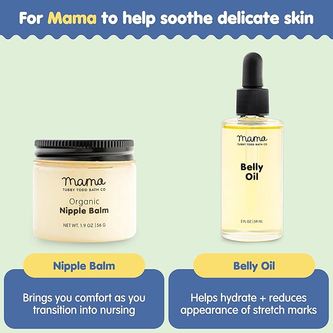 Tubby Todd New Baby & Mom Sensitive Skincare Kit - The Mama + Baby Gift Set - Baby Shampoo and Body Wash 8.5 Oz, All Over Ointment 2 Oz, Belly Oil 2 Fl Oz & Nipple Balm 1.9 Oz - Fragrance-Free