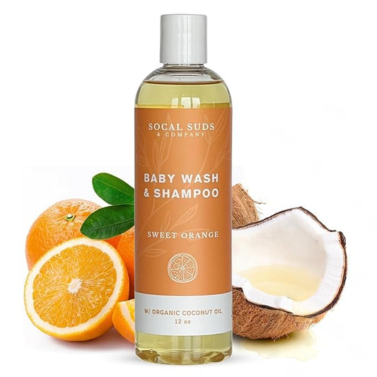 SoCal Suds & Company Organic Baby Shampoo and Body Wash - 2-in-1 Castile Soap, Hypoallergenic, Sensitive Skin, Natural Soap, Toddler Shampoo, Infant, Newborn, Kids Body Wash - 12oz Sweet Orange