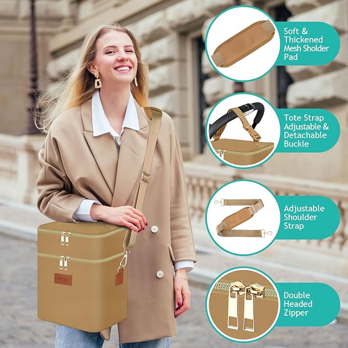 PIIOSER Breastmilk Cooler Travel Bag with Ice Pack, Insulated Bottle Bags Fits 6 Baby Bottles Up to 9 Ounce, Double Layer Waterproof Leak-Proof with Shoulder Strap for Nursing & Working Mom (Brown)