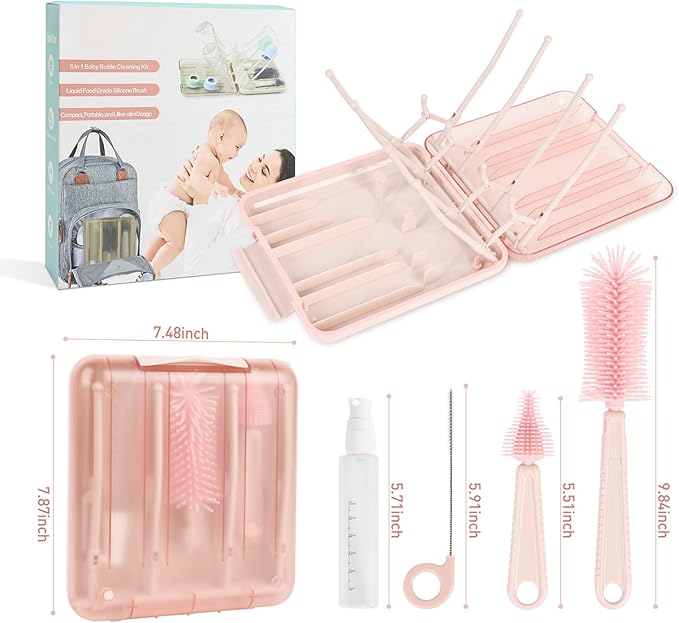 Baby Bottle Brush Set, 6-in-1 Travel Bottle Cleaning Kit with Silicone Bottle Brush, Nipple & Straw Brush, Soap Dispenser, Drying Rack, Storage Box – Compact Travel Baby Essential for Home & On-The-Go