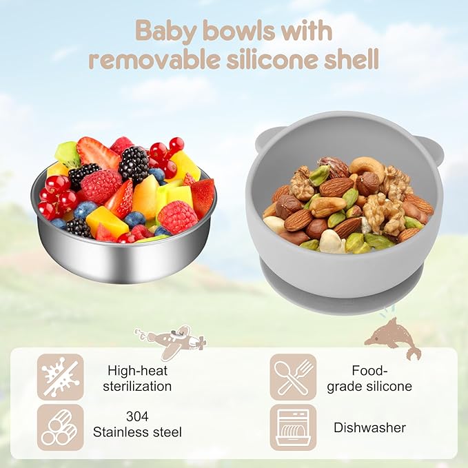 4 Pack Stainless Steel Baby Bowls with Suction, Toddler Bowls with Removable Silicone Shell for Kids, Non-Slip Toddler Baby Feeding Set Dishwasher Safe-blue/Gray/Red/Cream