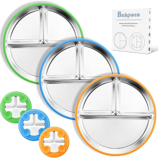 Stainless Steel Suction Plates for Toddlers, 9" Divided Kids Baby Plates with Removable Silicone Suction, Non Toxic Non Slip Portion Control Snack Dishes 3 Packs, Bright Orange/Blue/Green